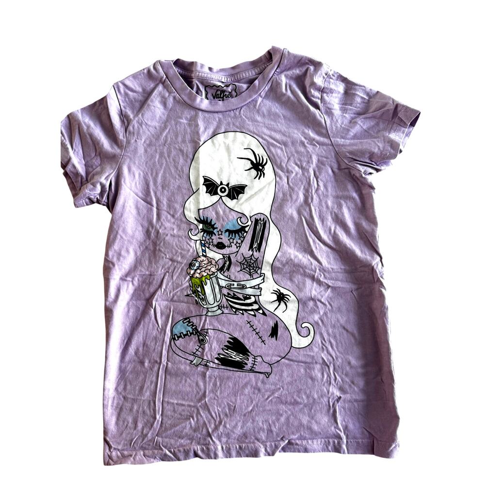 Valfre Graphic T Shirt XS Purple Goth Cartoon Girl Spider Bat Tee